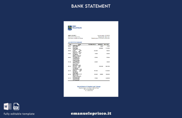 modello Excel di estratto conto bancario di Trinidad e Tobago Royal in stile ver